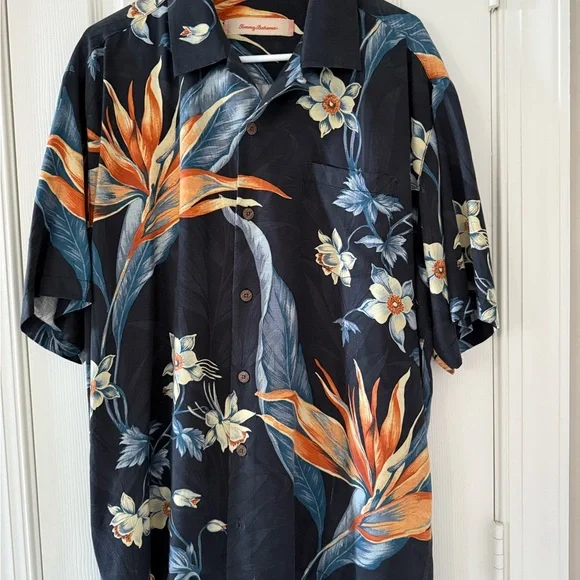 Tommy Bahama Black and Orange Silk Shirt - Picture 1 of 4
